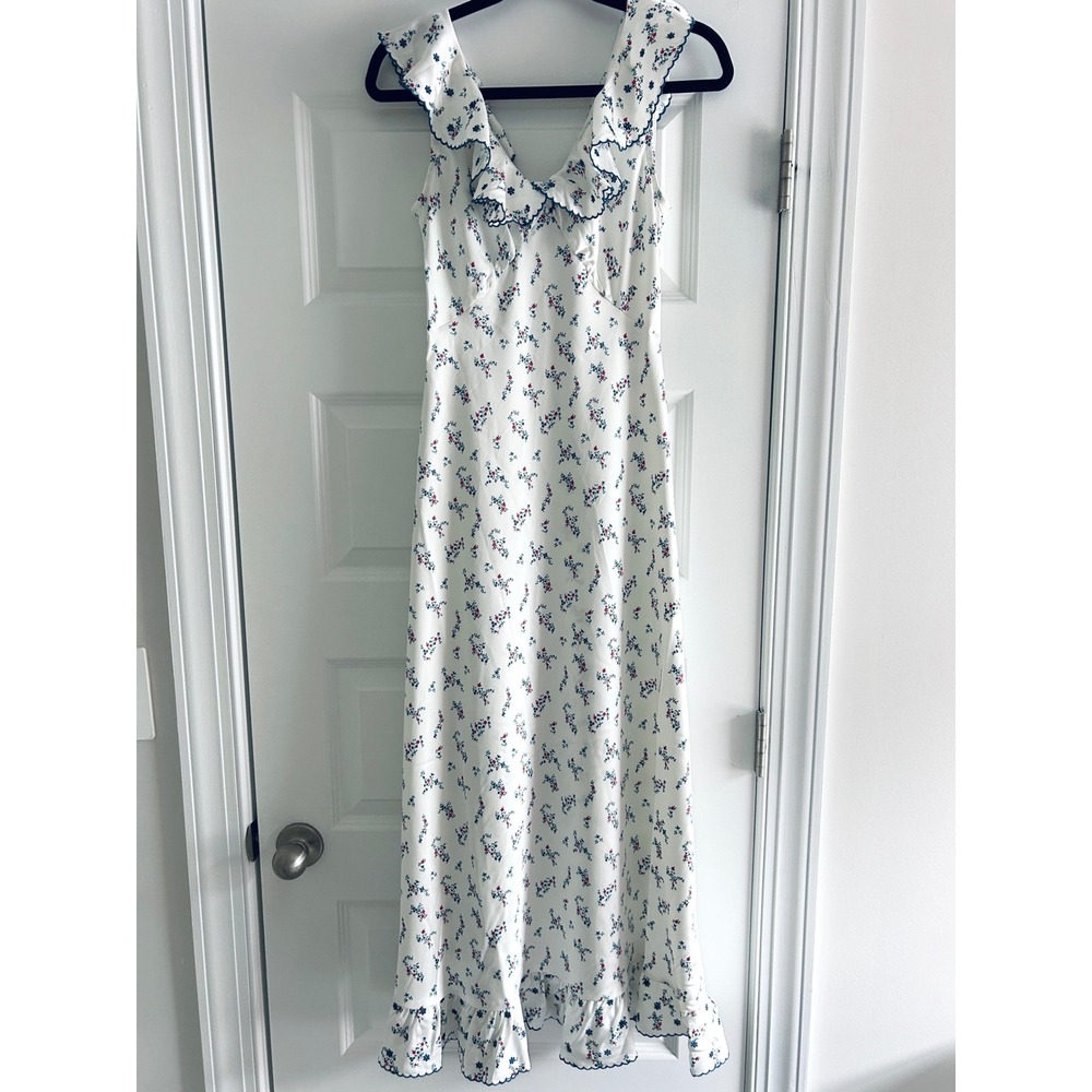 Caroline Constas Floral Ruffle Midi Dress Blue Scalloped Trim Small